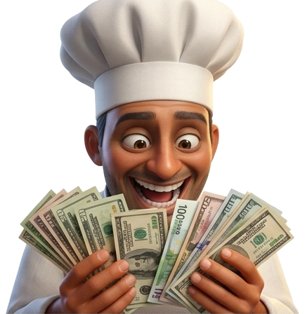 Chef mascot holding a fan of cash