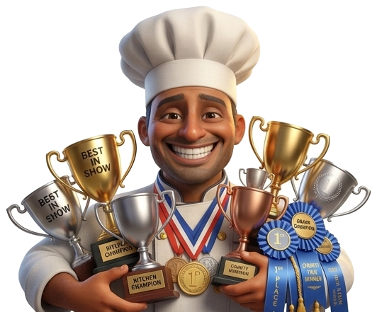 Chef mascot holding trophies